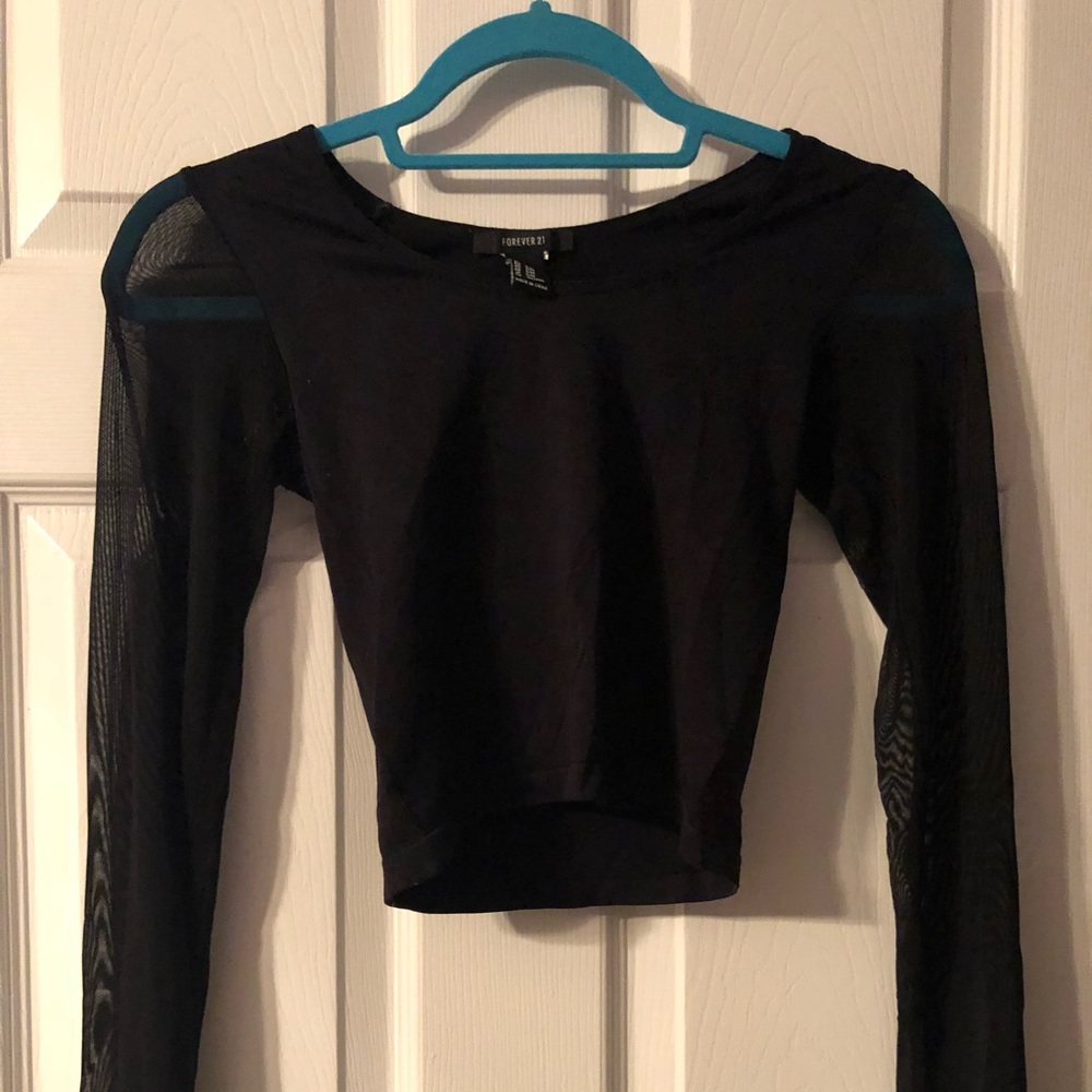 Black Long Sleeve Crop Top with Sheer Sleeves